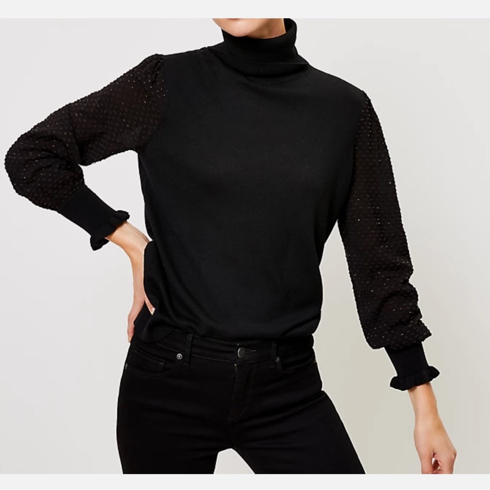 Loft- Lightweight Black Turtleneck Sweater with Textured Sleeves